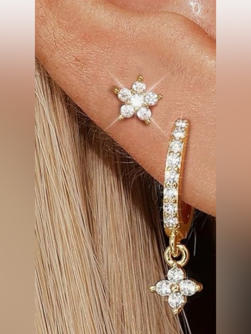 Gold Crystal Flower Hoop & Stud Earring Set chain earring 3 pieces